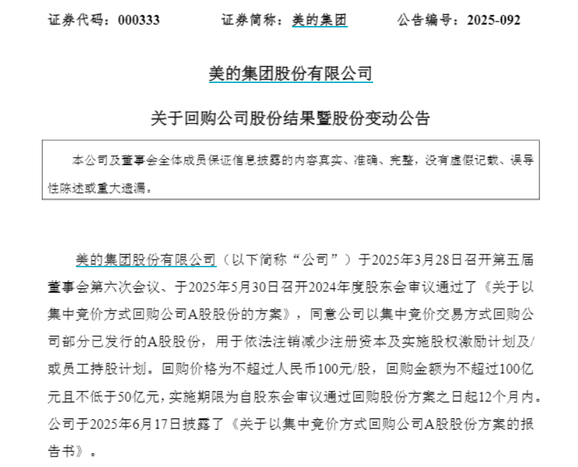 A股年内唯一！美的集团完成百亿级回购